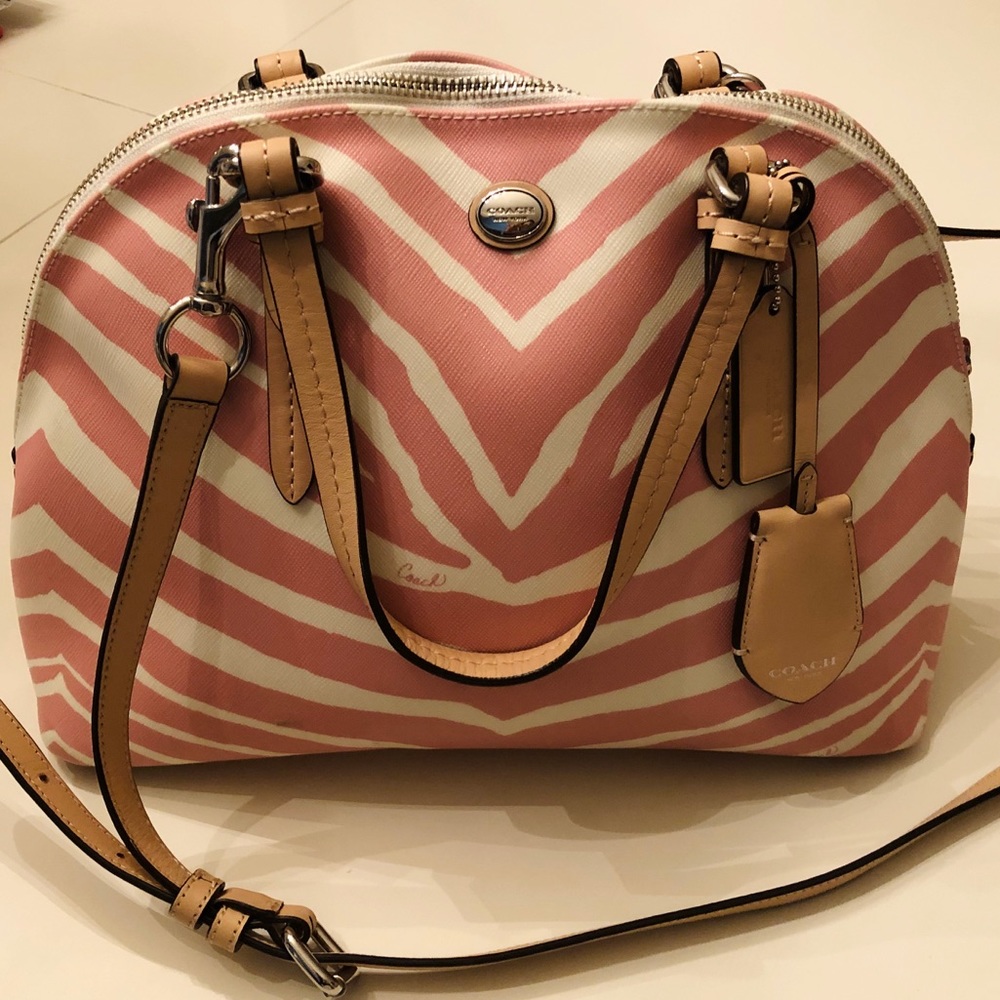 Pink and beige zebra striped Coach handbag